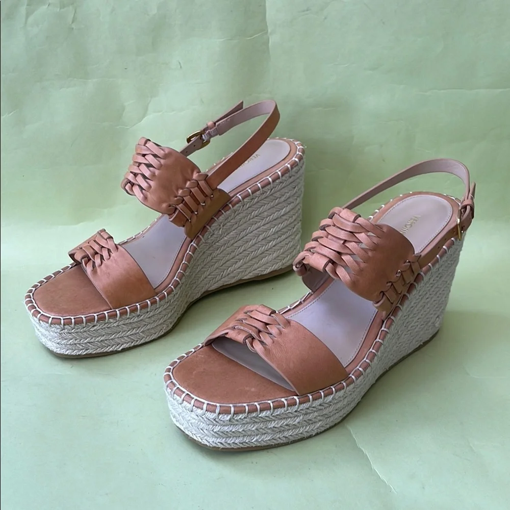 New Caramel Veronica Beard Espadrille Wedge Shoes with Leather Braided Trim